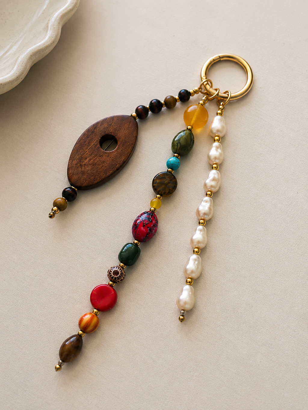 Multicolor Pearl Wood Beaded Bag Keychain with Gold Ring