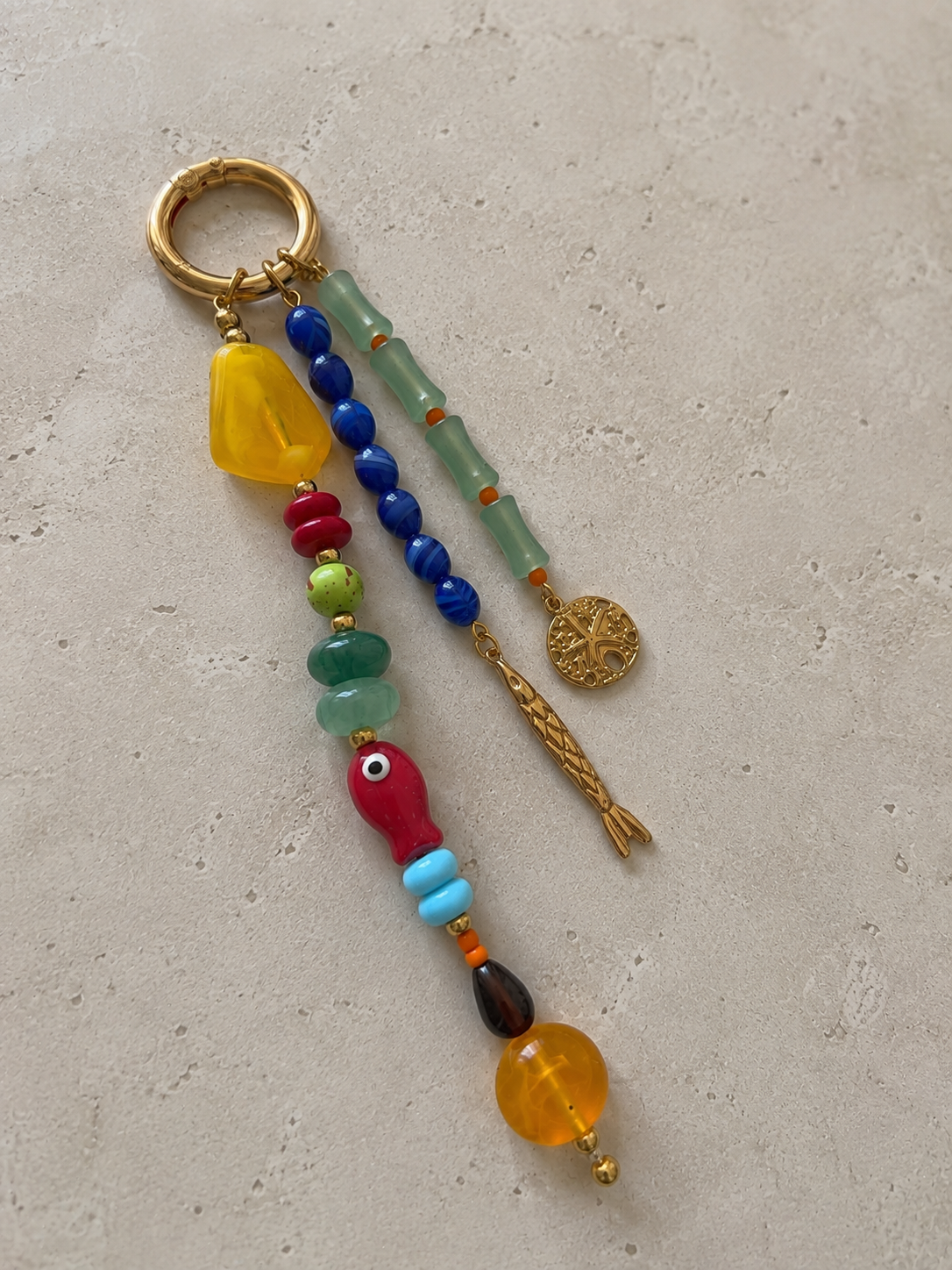 Multicolor Fish Charm Three Strand Beaded Bag Keychain