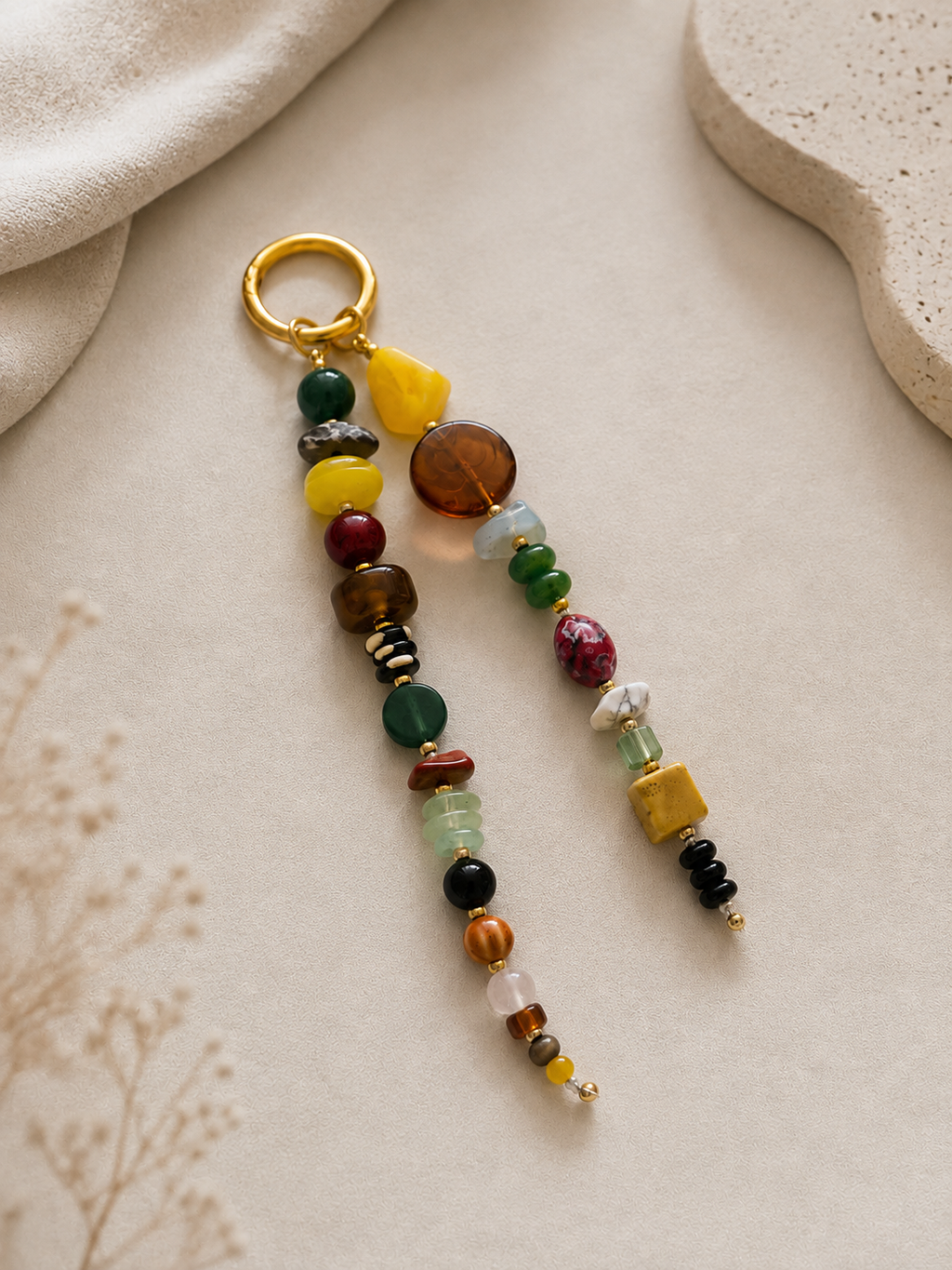 Multicolor Double Strand Beaded Bag Keychain with Gold Ring