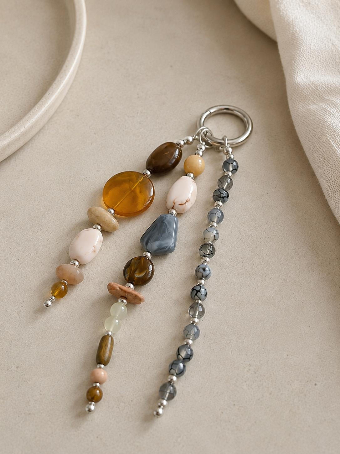 Amber Gray & Neutral Beaded Keychain Bag Charm
