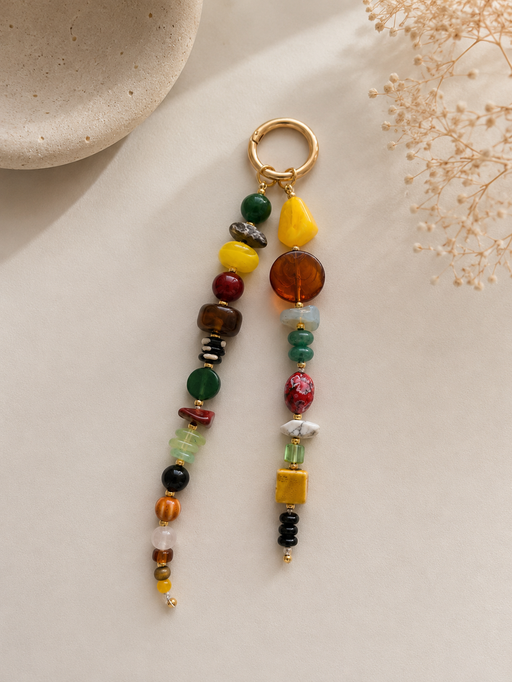 Multicolor Double Strand Beaded Bag Keychain with Gold Ring