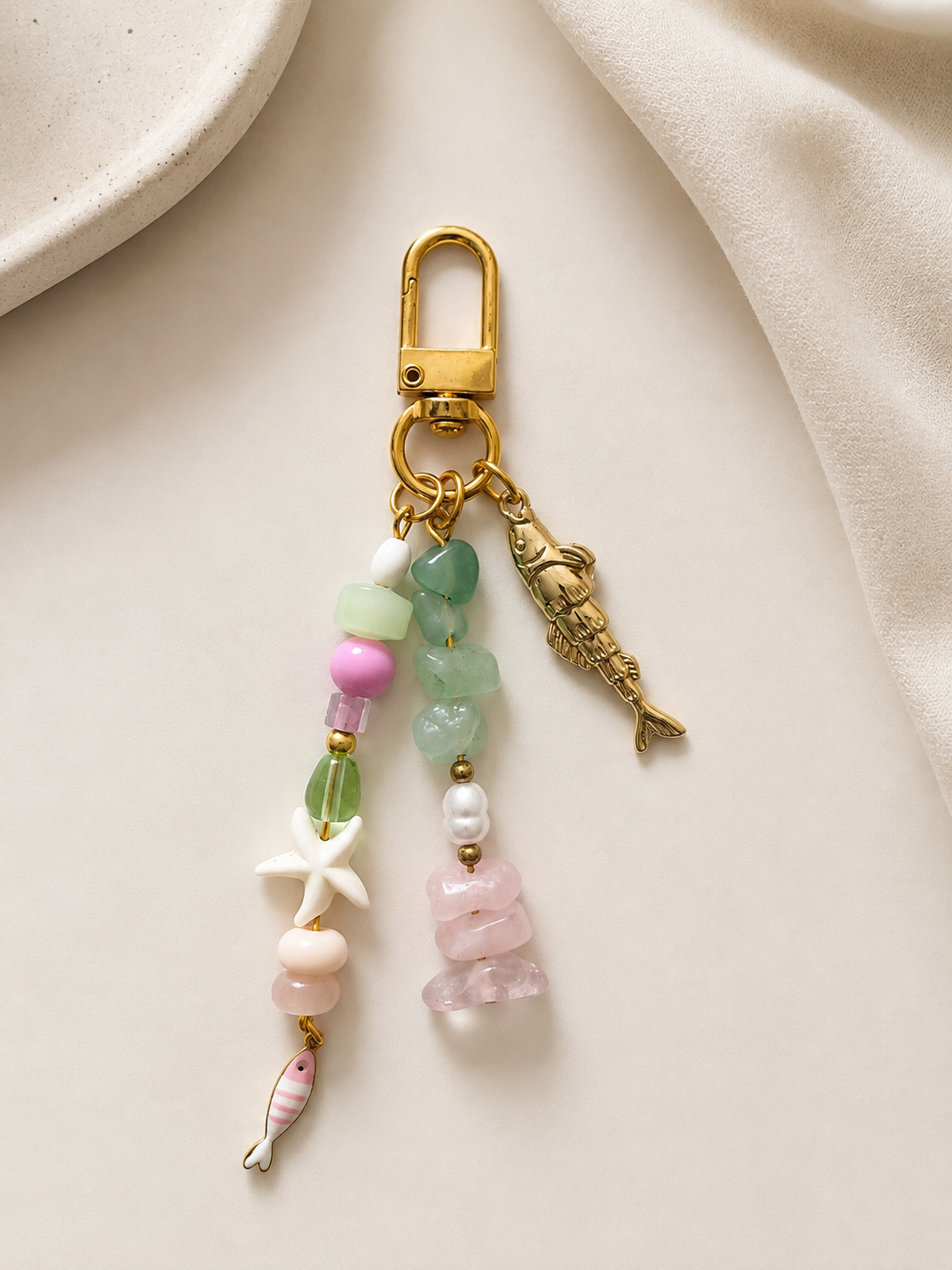 Pink Green Starfish Fish Charm Beaded Bag Keychain Gold Clip