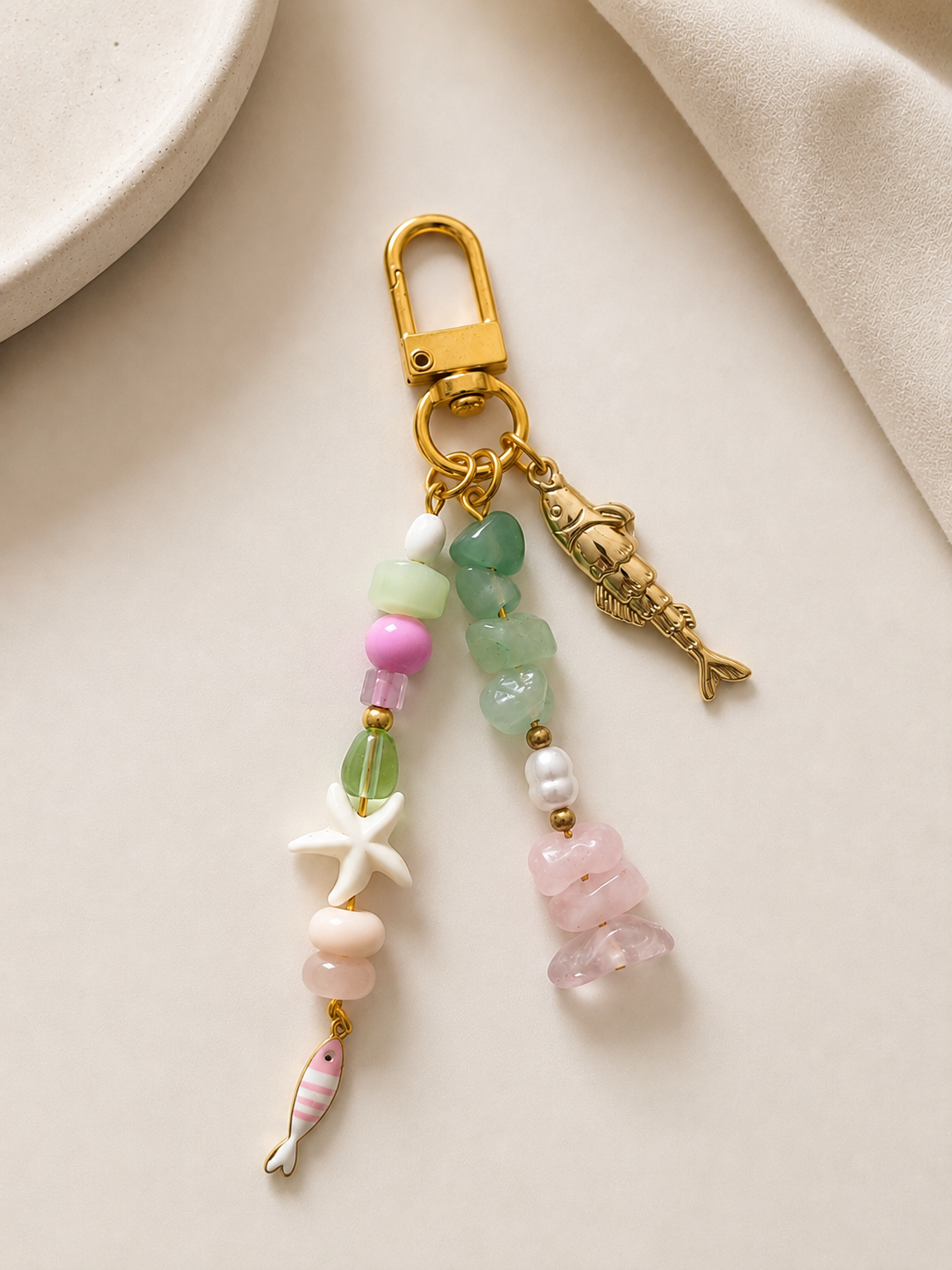 Pink Green Starfish Fish Charm Beaded Bag Keychain Gold Clip