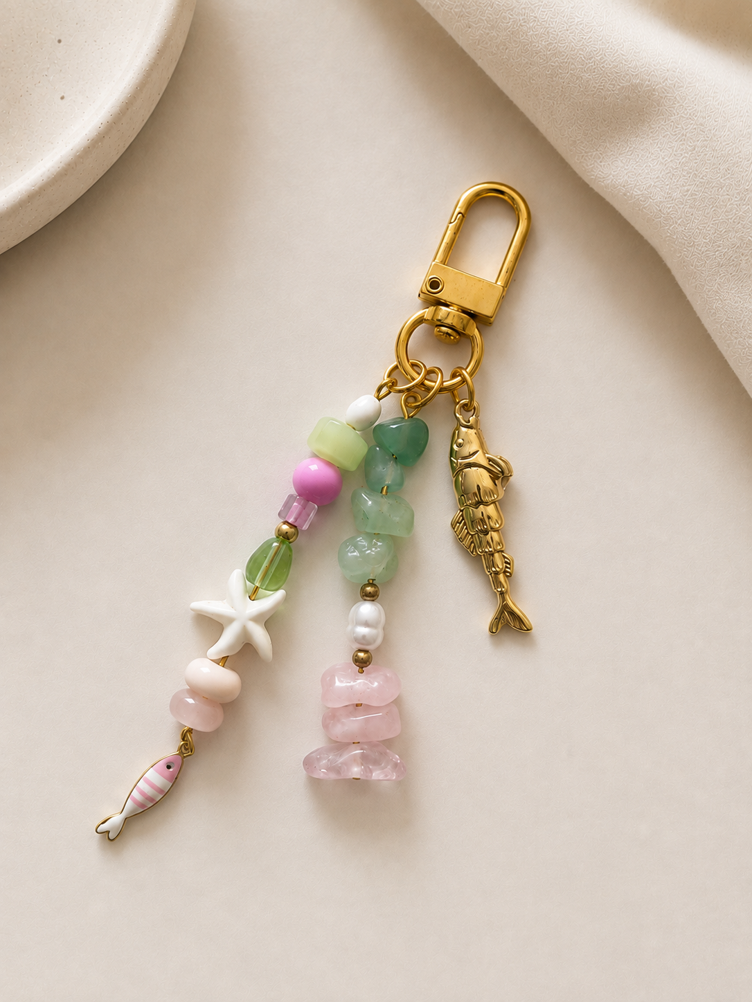 Pink Green Starfish Fish Charm Beaded Bag Keychain Gold Clip
