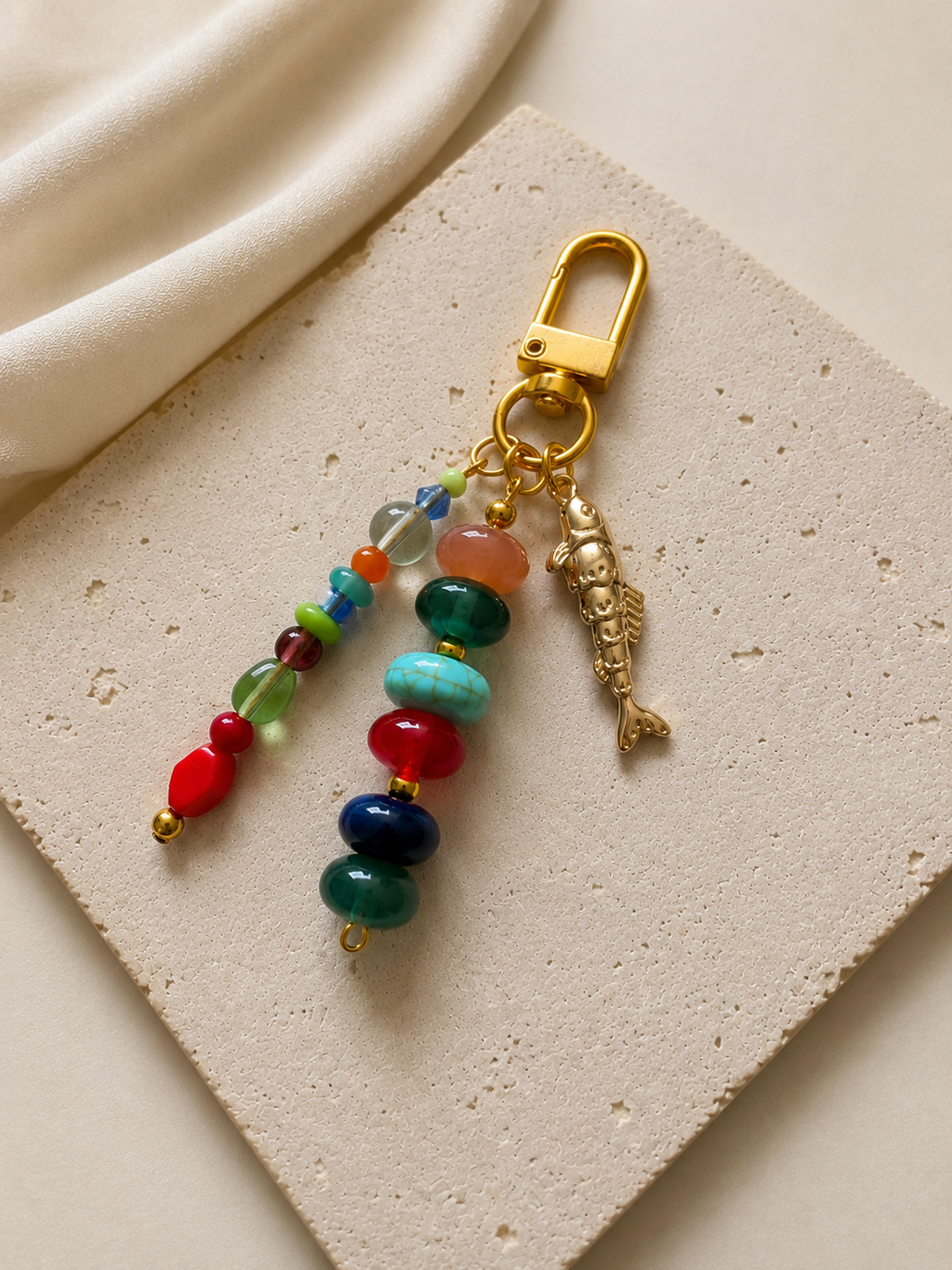 Multicolor Fish Charm Beaded Bag Keychain with Gold Clip