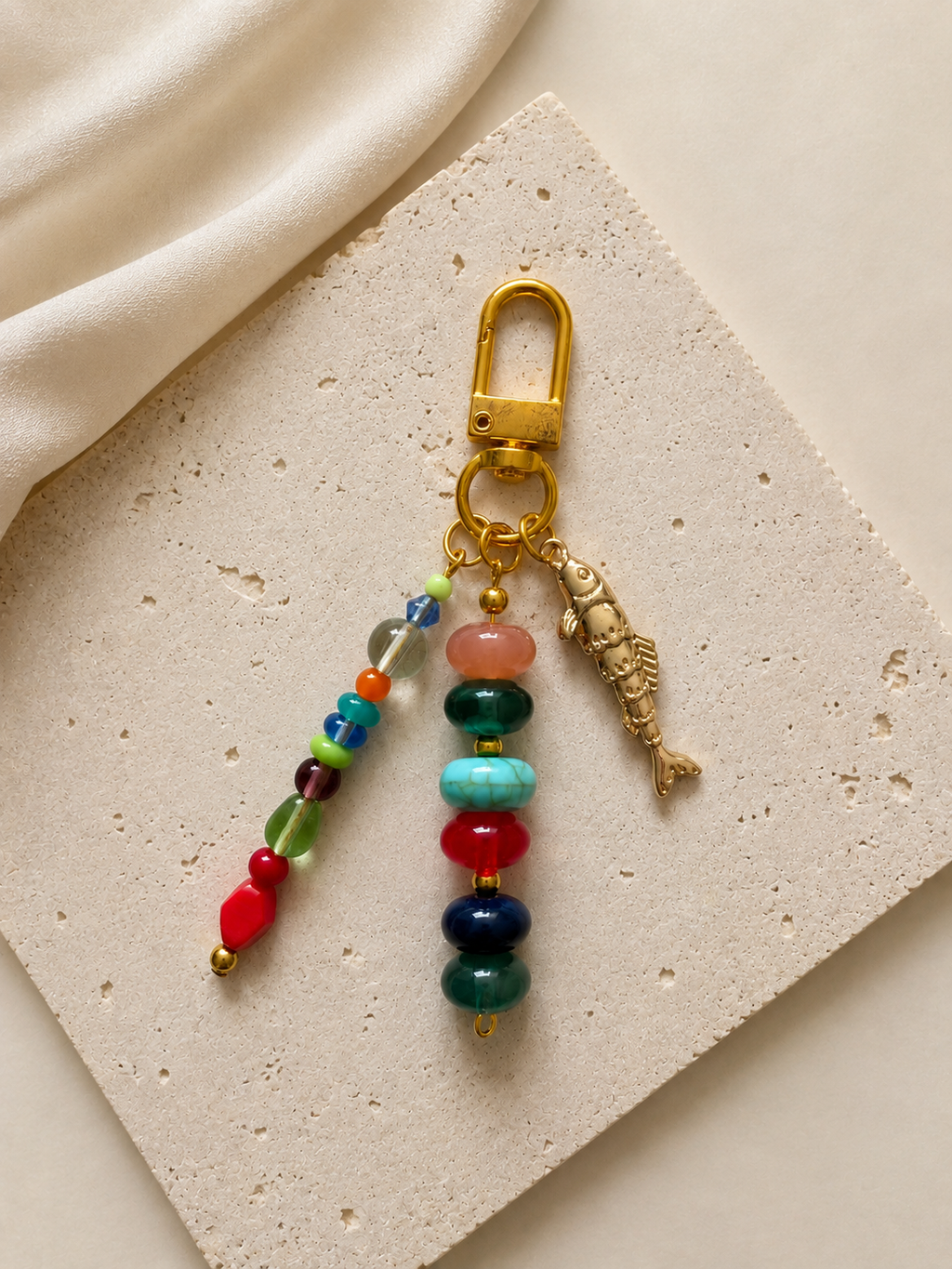 Multicolor Fish Charm Beaded Bag Keychain with Gold Clip