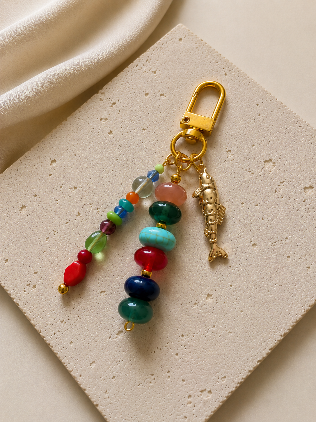 Multicolor Fish Charm Beaded Bag Keychain with Gold Clip