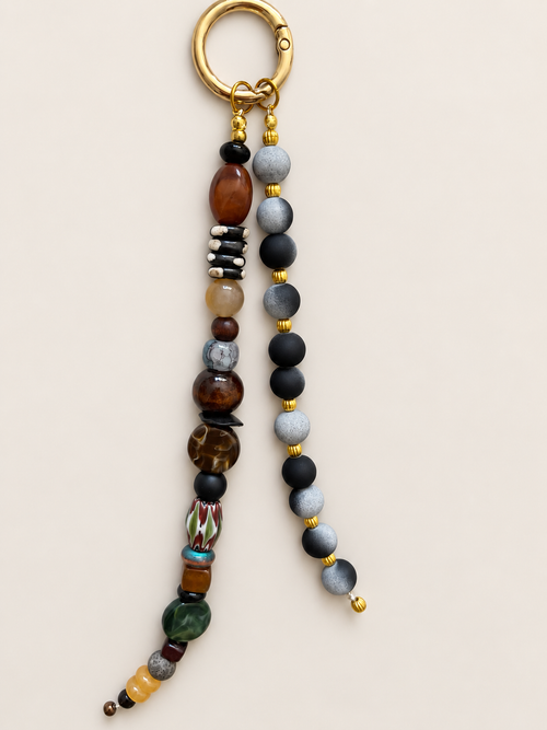 Boho Beaded Bag Charm Keychain – Black & Earth Tone Beads
