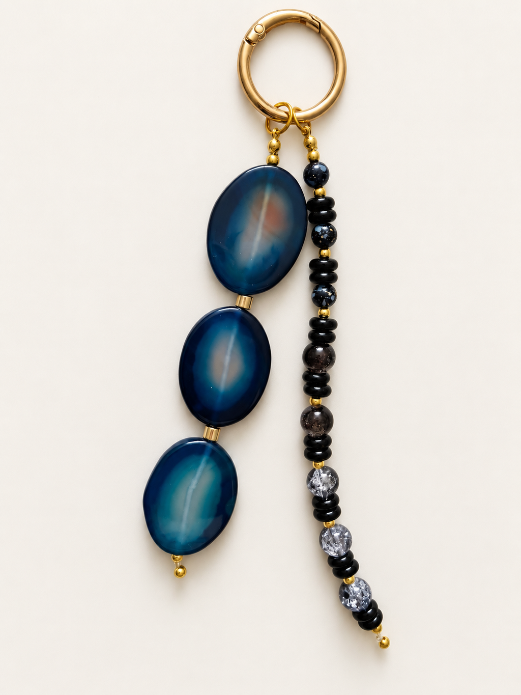 Blue Agate Beaded Bag Charm with Gold Clasp
