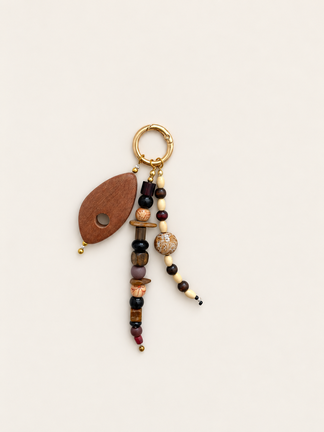 Wood & Earth-Tone Beaded Bag Charm Keychain