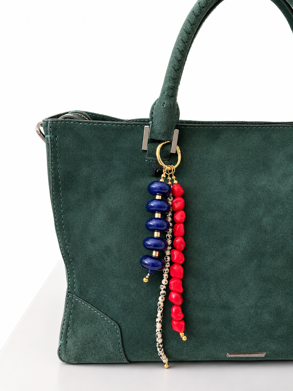 Red Stone Beaded Bag Charm with Navy Blue Acrylic Beads