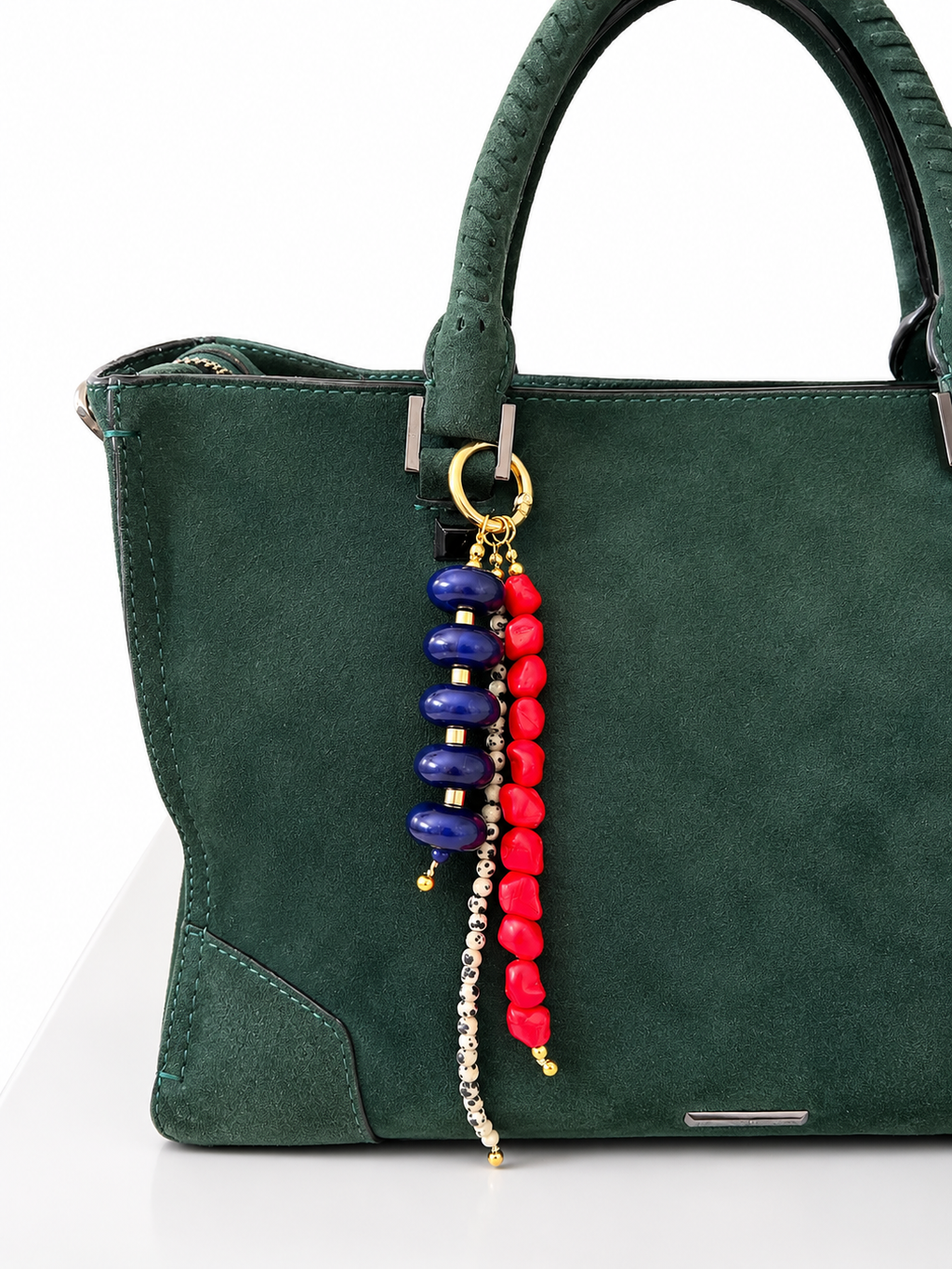 Red Stone Beaded Bag Charm with Navy Blue Acrylic Beads