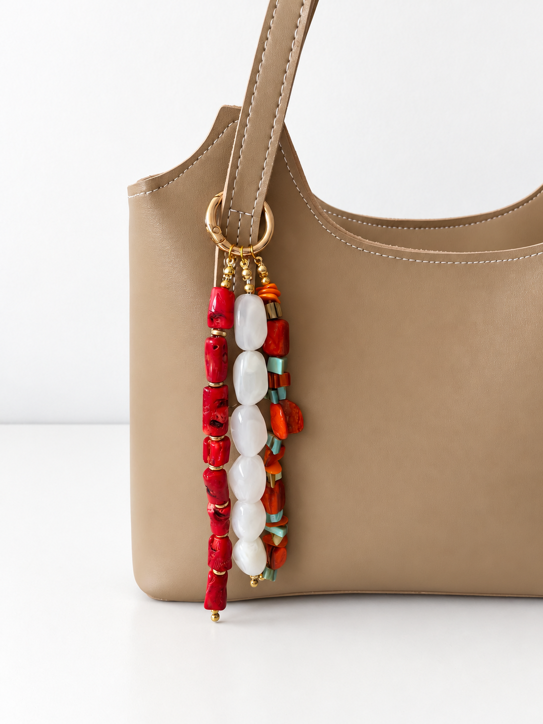 Red & Ivory Beaded Bag Charm with Gold Clasp