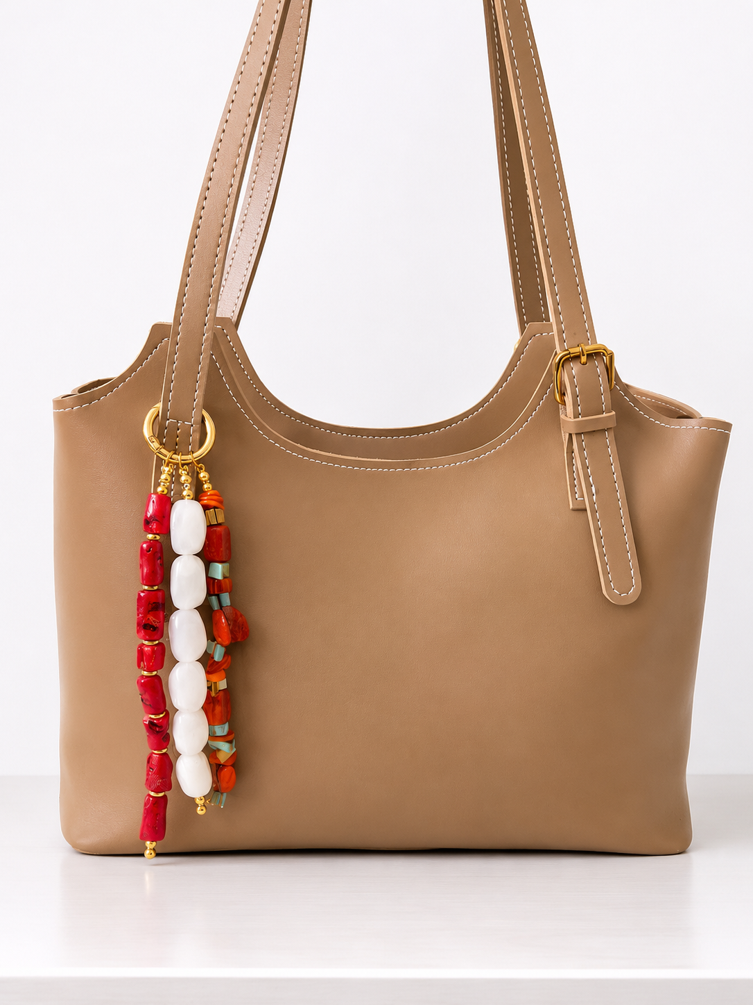 Red & Ivory Beaded Bag Charm with Gold Clasp