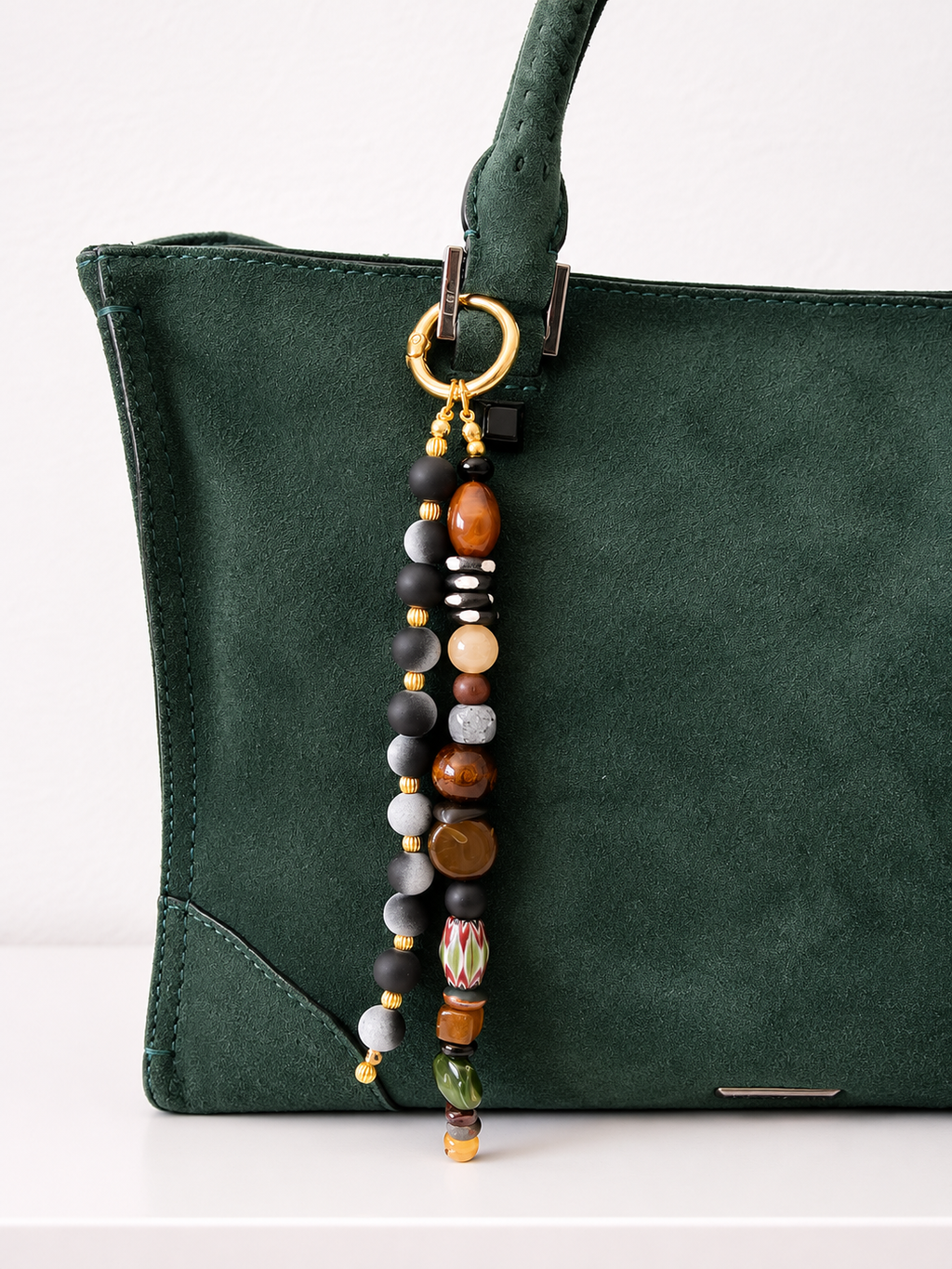 Brown & Gray Beaded Bag Charm with Gold Clasp