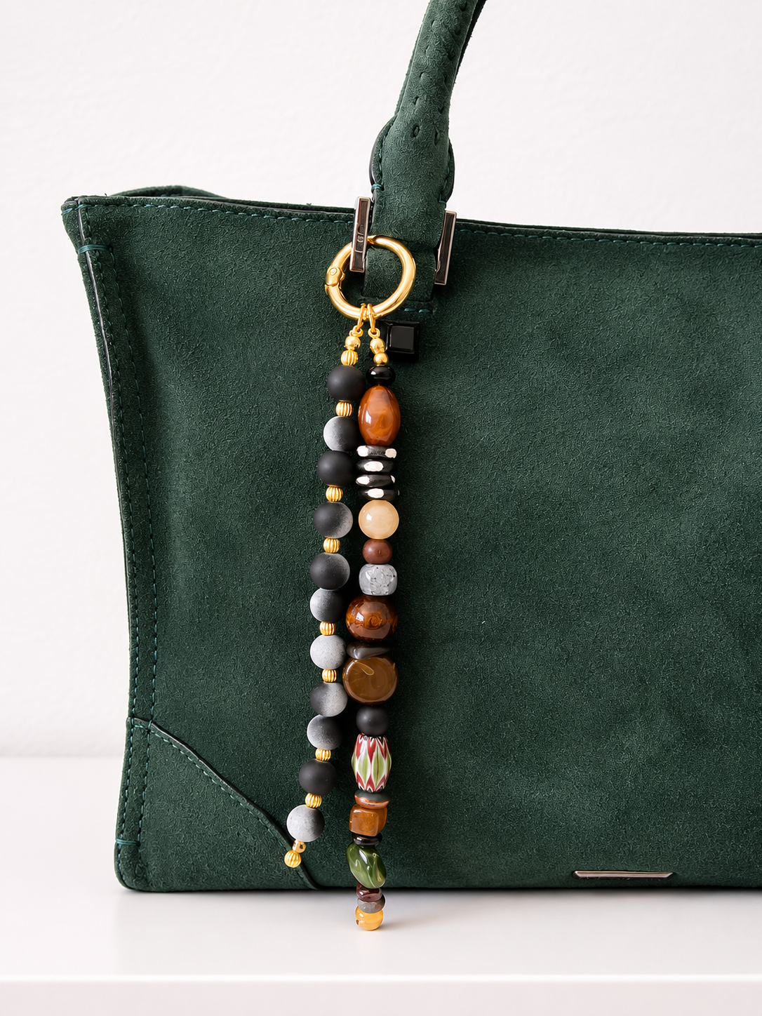 Brown & Gray Beaded Bag Charm with Gold Clasp