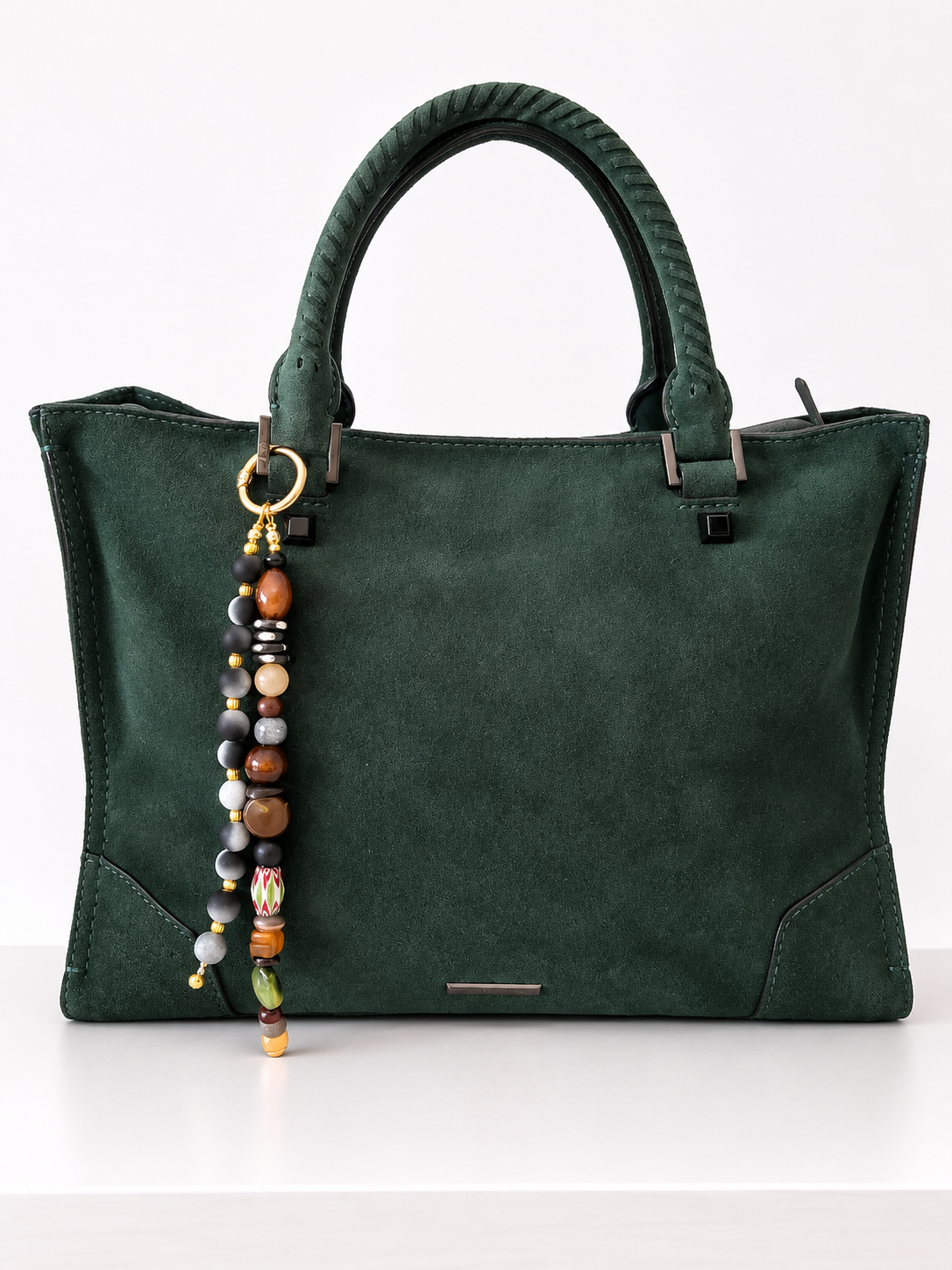 Brown & Gray Beaded Bag Charm with Gold Clasp