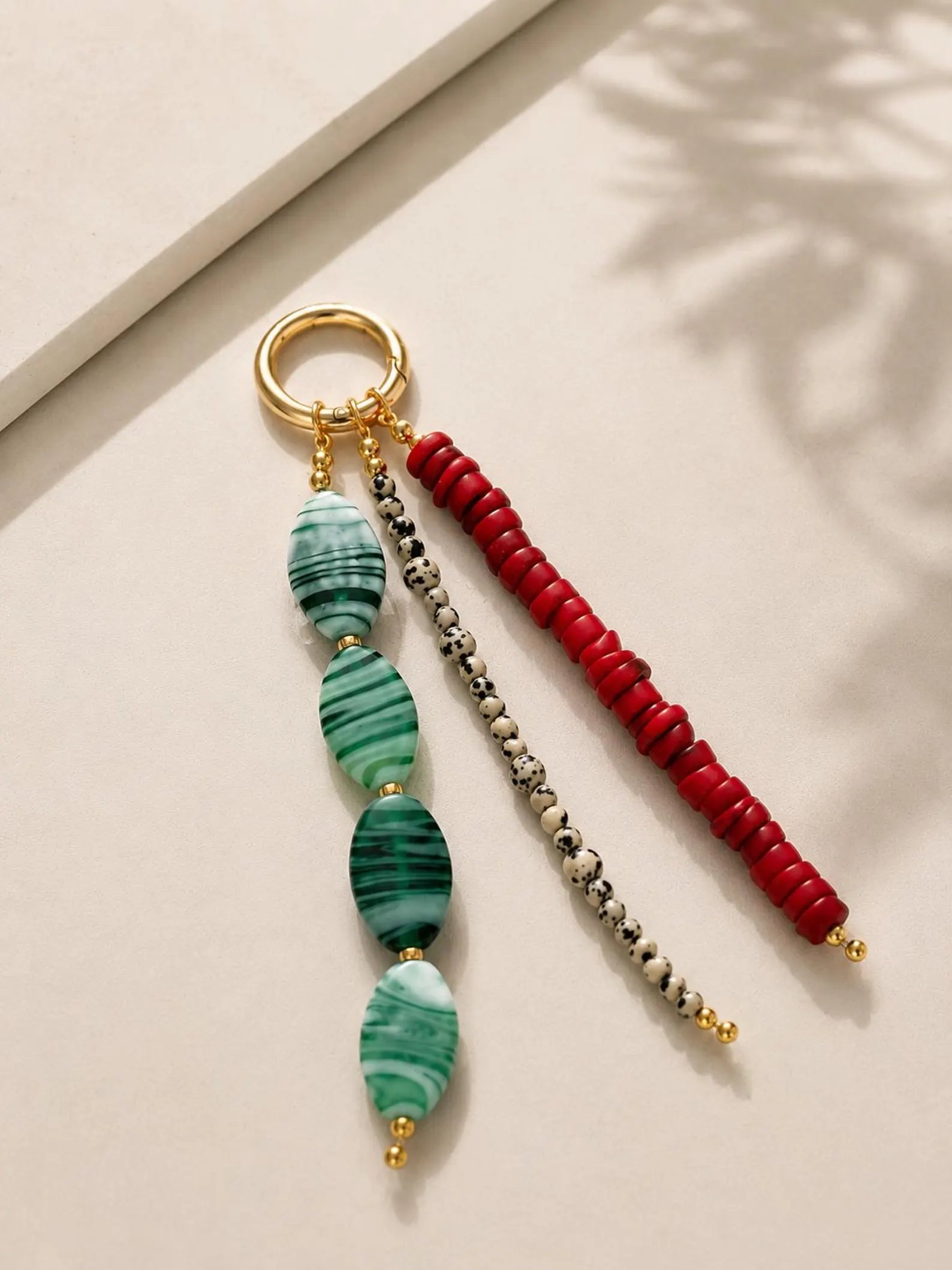 Green Red Three Strand Beaded Bag Keychain with Gold Ring