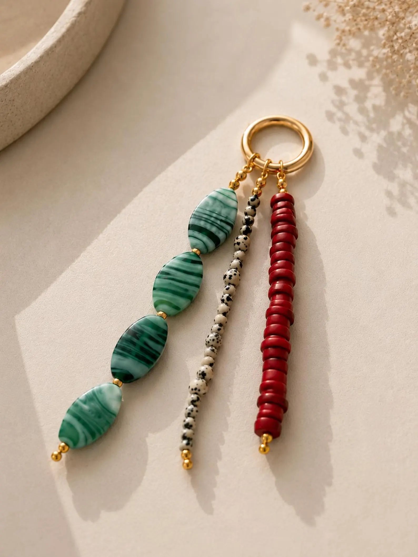 Green Red Three Strand Beaded Bag Keychain with Gold Ring
